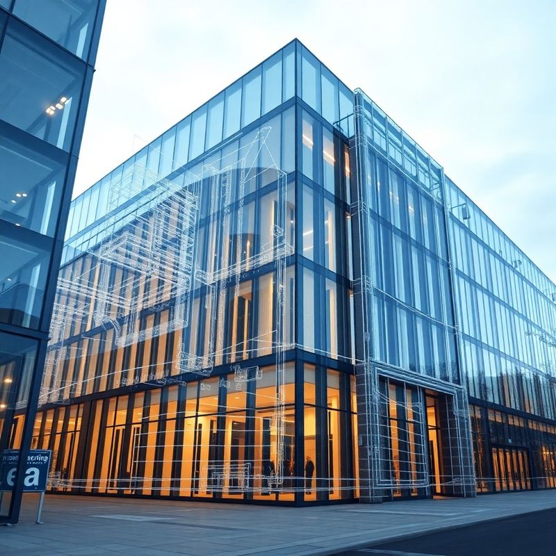 Architektonický rez modernej budovy s azúrovými líniami