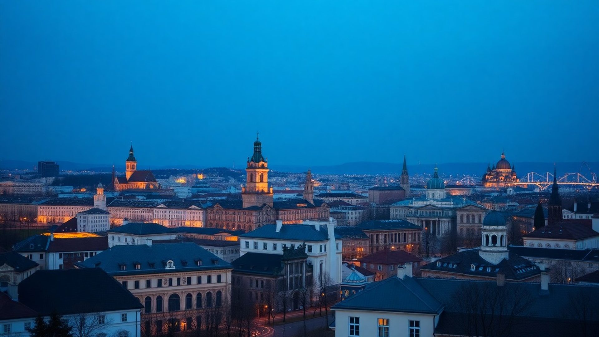 Panoráma Žiliny za súmraku v azúrových tónoch